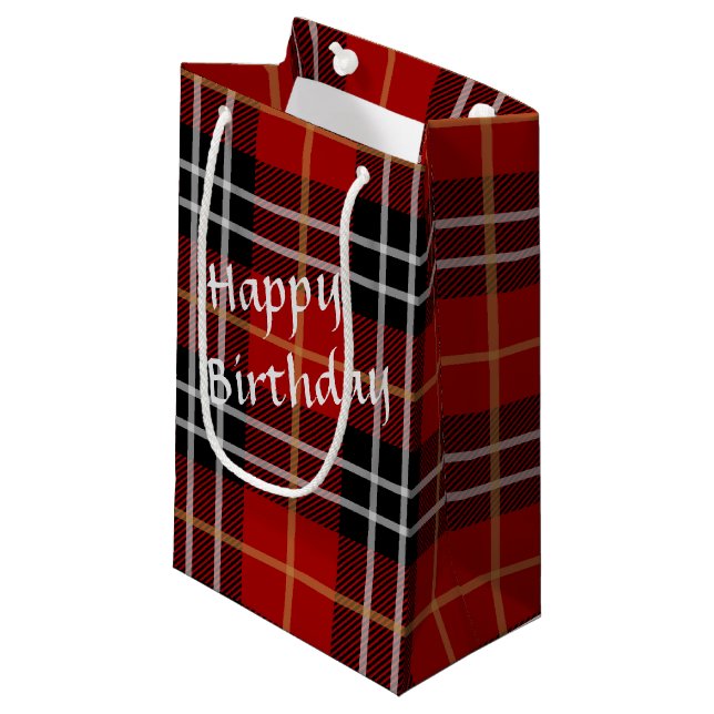 Happy Birthday Tartan Kariert Kleine Geschenktüte (Vorderseite Schrägansicht)