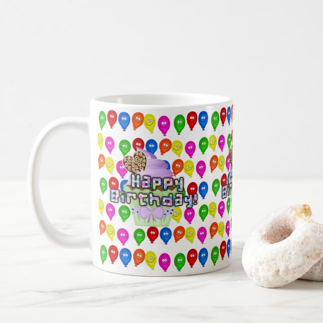 Happy Birthday Tasse Bunte Balloons Cupcake (Mit Donut)