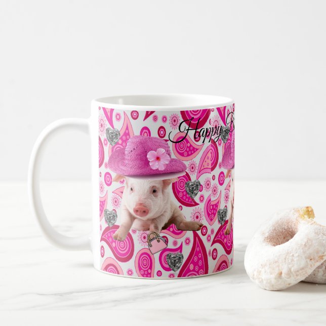 Happy Birthday Tasse Pink Pig Paisley (Mit Donut)