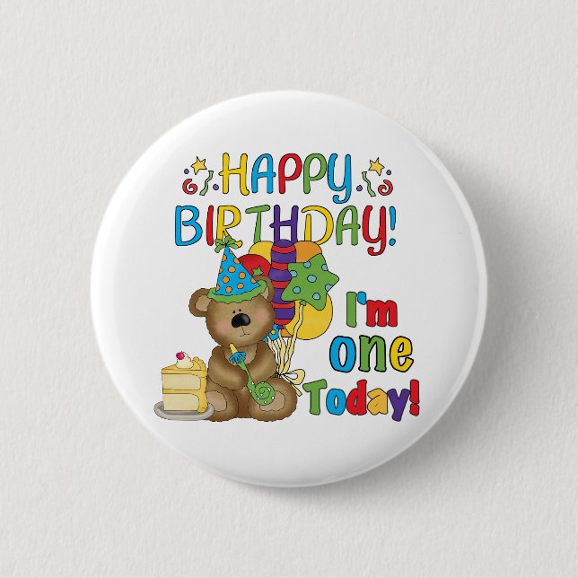 Happy Birthday Teddy Bär 1. T - Shirt und Geschenk Button (Vorderseite)