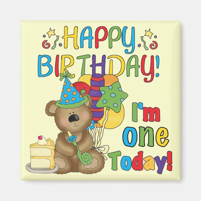 Happy Birthday Teddy Bär 1. T - Shirt und Geschenk Magnet (Vorne)