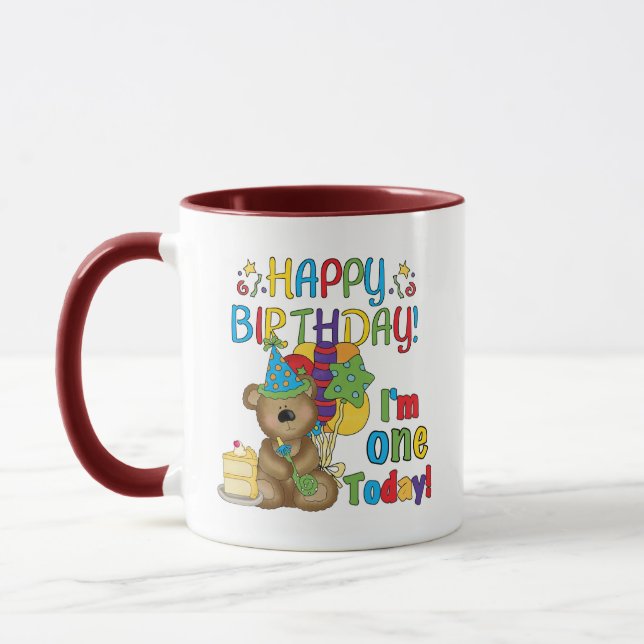 Happy Birthday Teddy Bär 1. T - Shirt und Geschenk Tasse (Links)