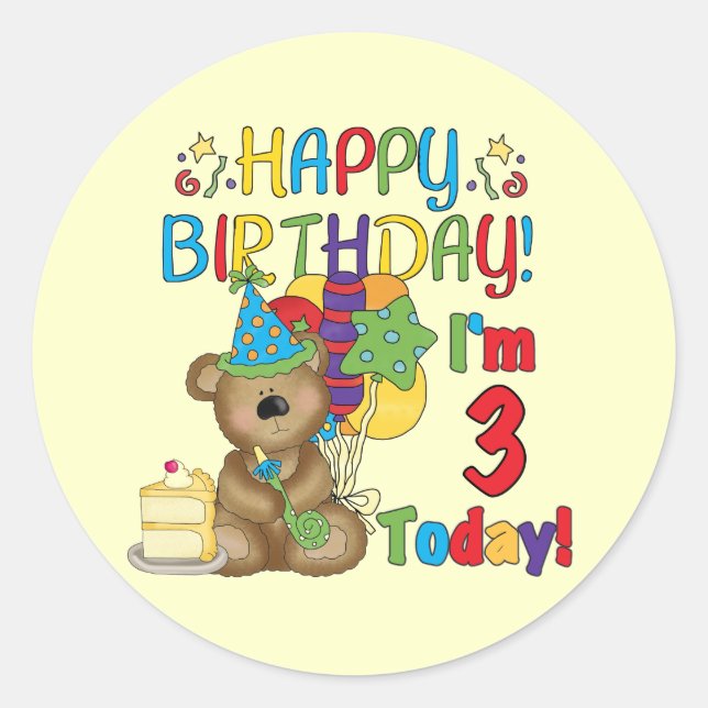 Happy Birthday Teddy Bär 3. Tshirts und Geschenke Runder Aufkleber (Vorderseite)