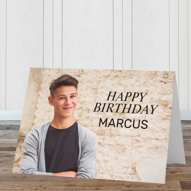 Happy Birthday Teen Boy Foto Eltern Geschwister Karte (Folded birthday card personalized with a photo and your own special message.)