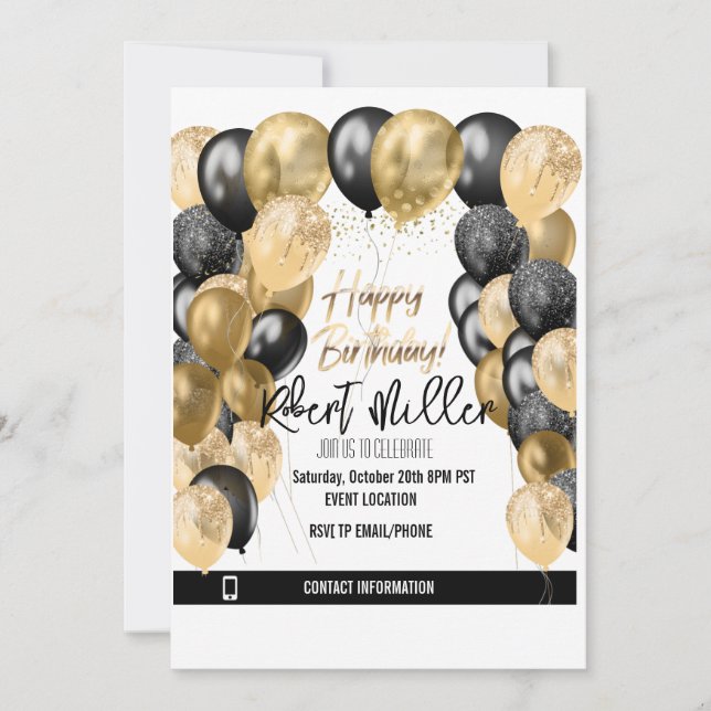 Happy Birthday Template Black Gold - Transparent Einladung (Vorderseite)