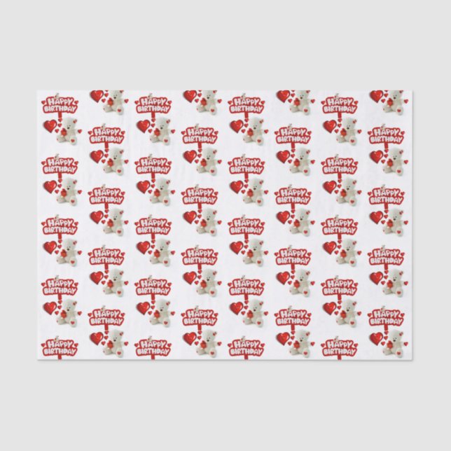 Happy Birthday Tissue Paper White Teddy Bär Seidenpapier (Vorderseite)