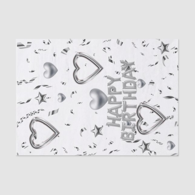 Happy Birthday Tissue Silver Hearts Seidenpapier (Vorderseite)
