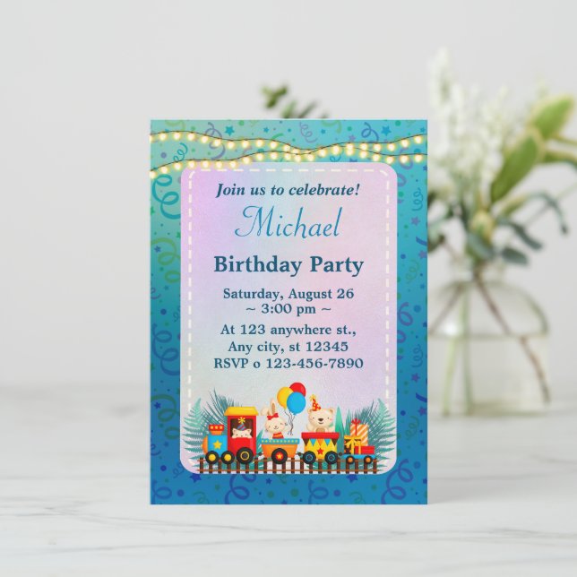 Happy Birthday Train with Niedlicher Tiere Wish Ca (Stehend Vorderseite)