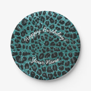 Happy Birthday Türkis Glitzer Leopard Pappteller