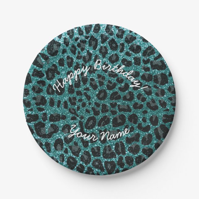 Happy Birthday Türkis Glitzer Leopard Pappteller (Vorderseite)