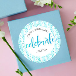 Happy Birthday Türkis Glitzer Weiße Streifen Runder Aufkleber