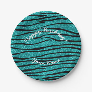 Happy Birthday türkis Glitzer Zebrastreifen Pappteller