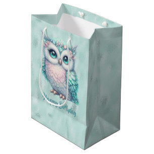 Happy Birthday Türkis Owl on Shiny Aqua Mittlere Geschenktüte