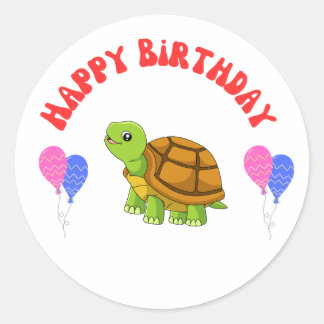 Happy Birthday Turtle Card with Balloons - Runder Aufkleber