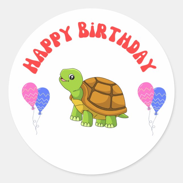 Happy Birthday Turtle Card with Balloons - Runder Aufkleber (Vorderseite)
