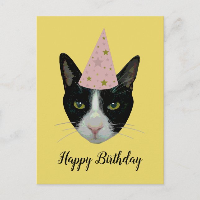 Happy Birthday - Tuxedo Cat mit Party Hat Einladungspostkarte (Vorderseite)