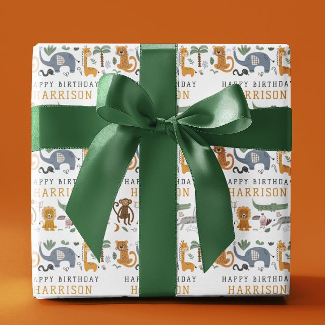 Happy Birthday Two Wild Safari Tiere personalisier Geschenkpapier (Von Creator hochgeladen)