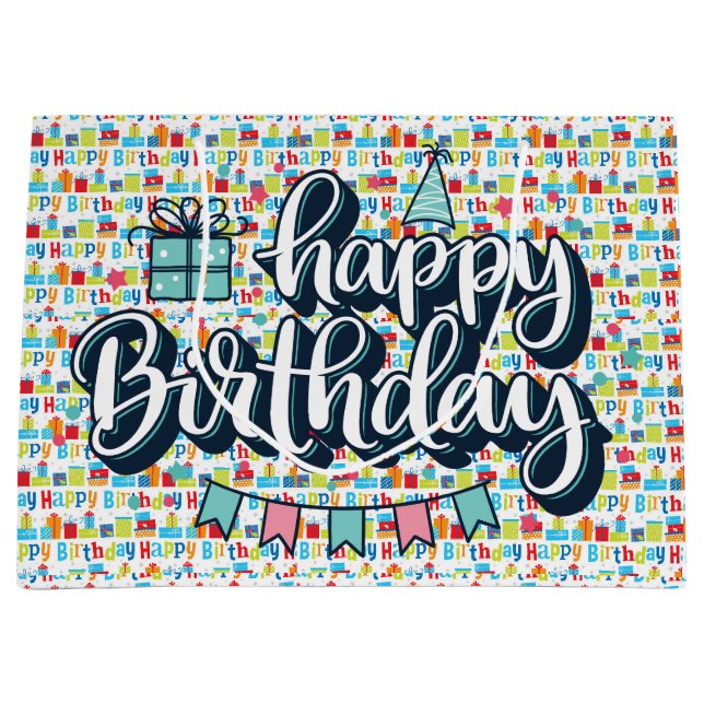 Happy Birthday Typografie  Große Geschenktüte (Vorderseite)