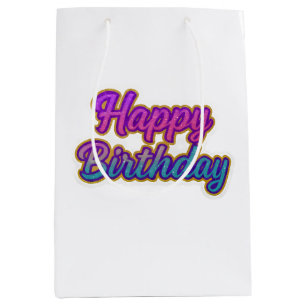 Happy Birthday Typografy Design in Pink, Lila a Mittlere Geschenktüte