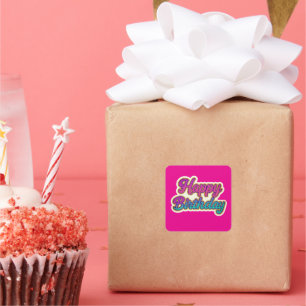 Happy Birthday Typografy Design in Pink, Lila a Quadratischer Aufkleber