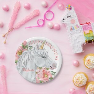 Happy Birthday Unicorn Hübsch Floral Personalisie Pappteller