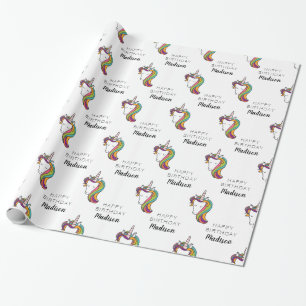 Happy Birthday Unicorn Name hinzufügen Geschenkpapier