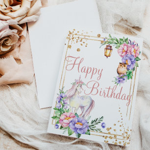 Happy Birthday Unicorn Owl Wasserfarbe Blüte Karte