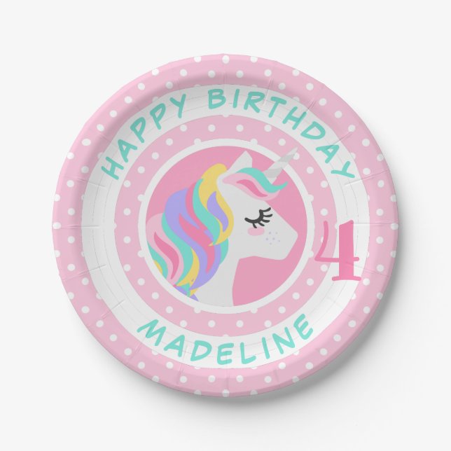 Happy Birthday | Unicorn Pastel Polka Dots Pappteller (Vorderseite)