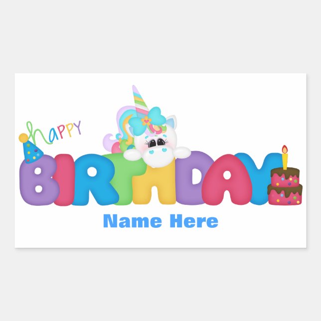 Happy Birthday Unicorn (personalisiert) Rechteckiger Aufkleber (Vorderseite)