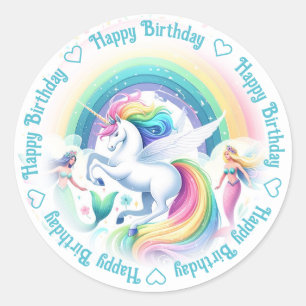 Happy Birthday Unicorn und Mermaids Runder Aufkleber