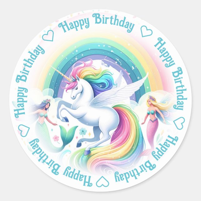 Happy Birthday Unicorn und Mermaids Runder Aufkleber (Vorderseite)