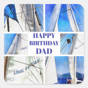 Happy Birthday Vater Artistic Sailboat Collage Quadratischer Aufkleber