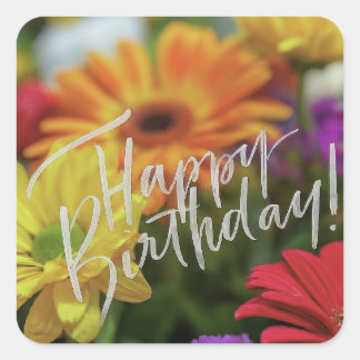 Happy Birthday Vibranly farbenfrohe Frühlingsblume Quadratischer Aufkleber