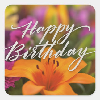 Happy Birthday Vibranly farbenfrohe Frühlingsblume Quadratischer Aufkleber