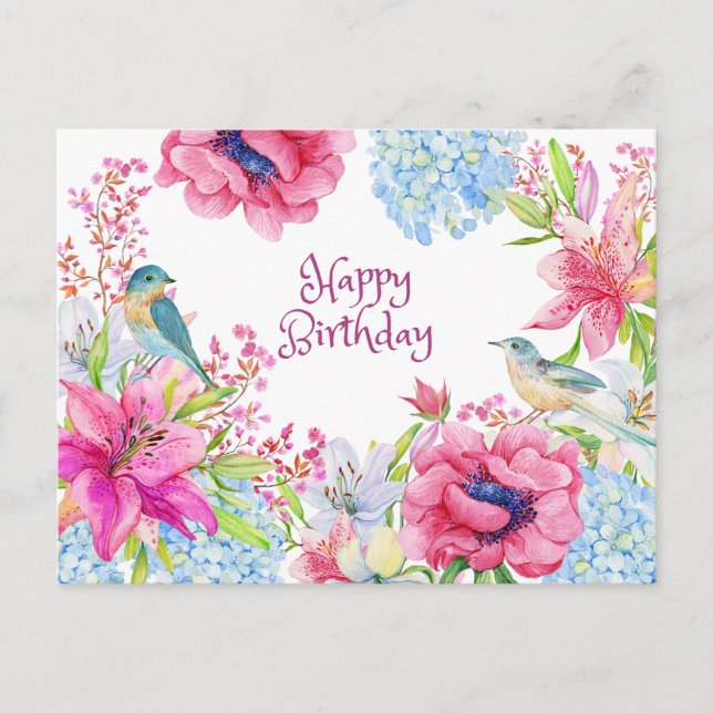 Happy Birthday Vibranly Watercolor Blume & Vögel Postkarte (Vorderseite)