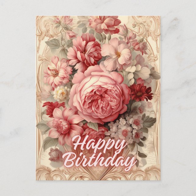 Happy Birthday Viktorianische Rose Illustration Postkarte (Vorderseite)