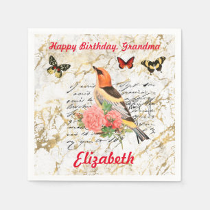 Happy Birthday Vintag Bird, Blume Alte Kunst, Vs 2 Serviette