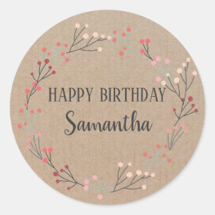 Happy Birthday Vintag Floral Wreath Craft Rosa Runder Aufkleber