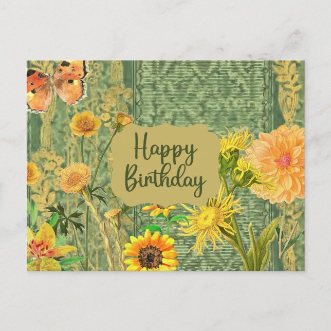 Happy Birthday Vintag Gelb & Orange Blume Postkarte (Vorderseite)