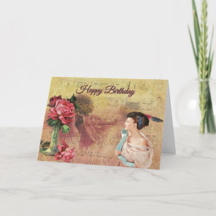 Happy Birthday Vintag Lady mit Rose Karte
