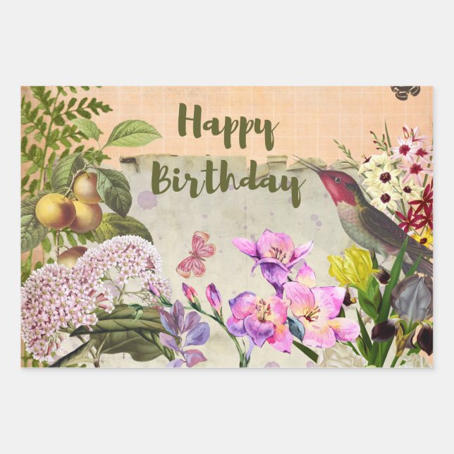Happy Birthday Vintag Naturekomposition Geschenkpapier Set (Vorderseite)