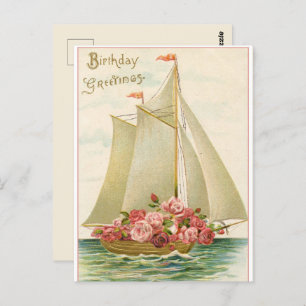 Happy Birthday Vintag Segelboot voller Rose Postkarte