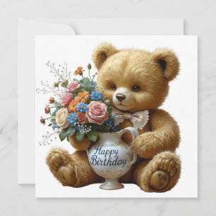 Happy Birthday Vintag Teddy Bär mit Blume Karte