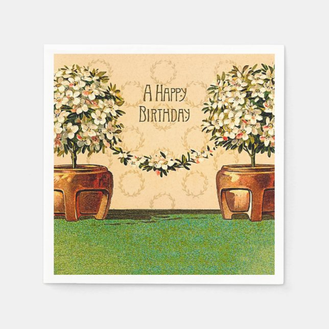 Happy Birthday Vintage Blumentöpfe Papier Napkin Serviette (Vorderseite)