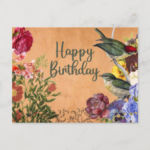 Happy Birthday Wasserfarbe Vintage Blume, Vögel Postkarte