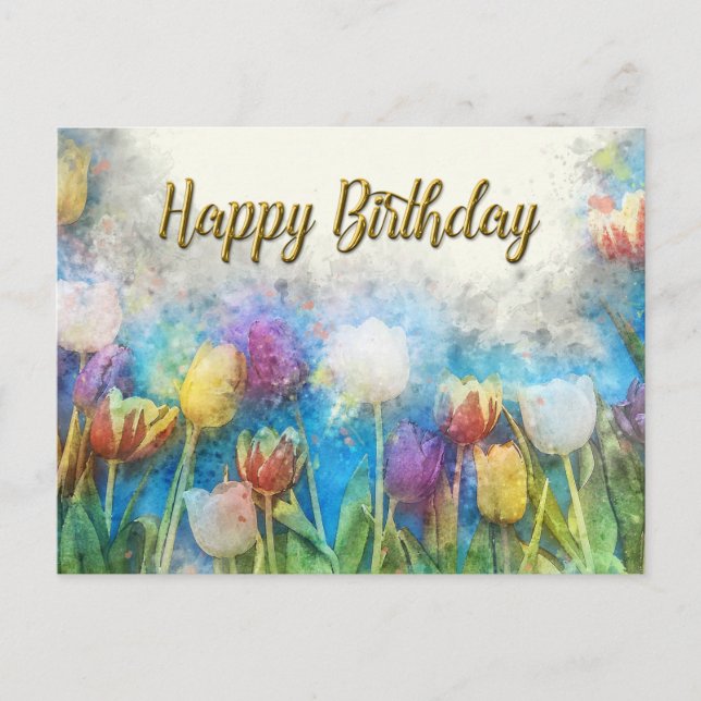 Happy Birthday Watercolor Abstrakt Tulip Blume Postkarte (Vorderseite)