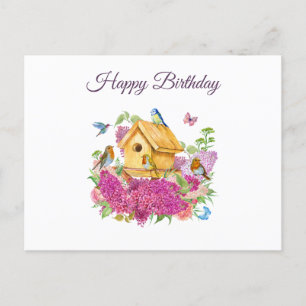 Happy Birthday Watercolor Birdhouse Lilac Blume Postkarte