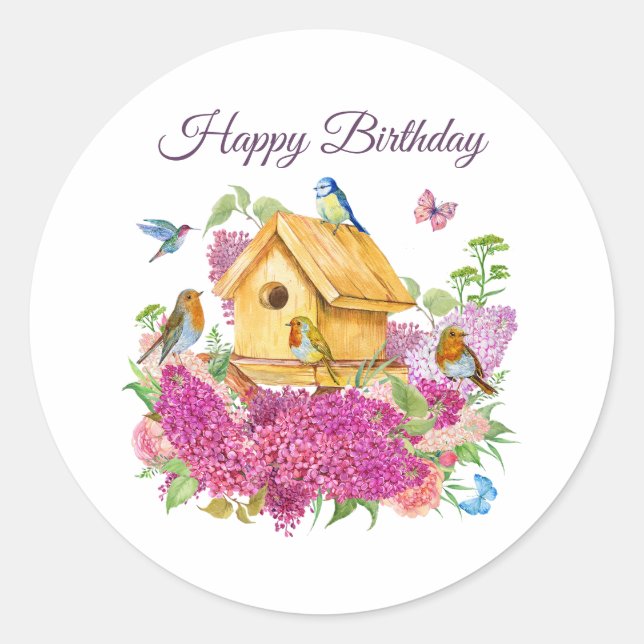 Happy Birthday Watercolor Birdhouse Lilac Blume Runder Aufkleber (Vorderseite)
