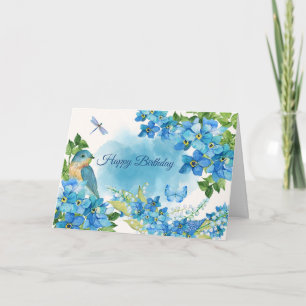 Happy Birthday Watercolor Blue Blumen und Bird Karte