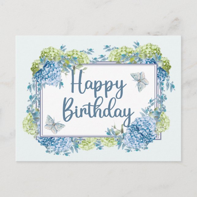 Happy Birthday Watercolor Blue Hydrangea Blume Postkarte (Vorderseite)